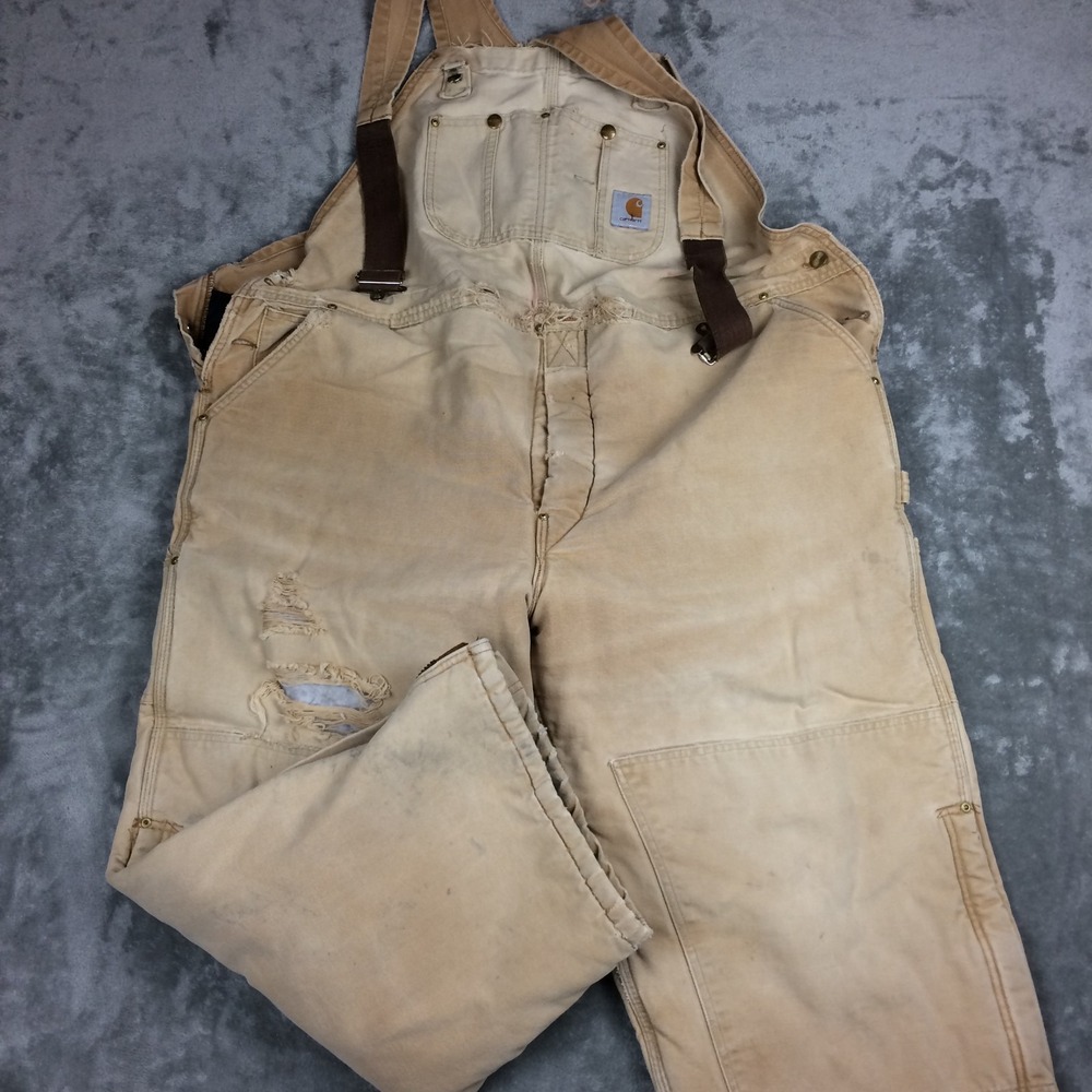 Vtg Carhartt Quilt Lined Insulated Bib Overalls Thrashed 50x30 USA Button Fly